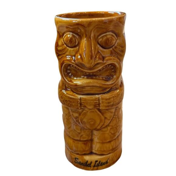 Chiki Tiki Cup Glass Bud Vase 12 oz Hawaiian Sanibel Island Souvenir Brown Face - Picture 1 of 7